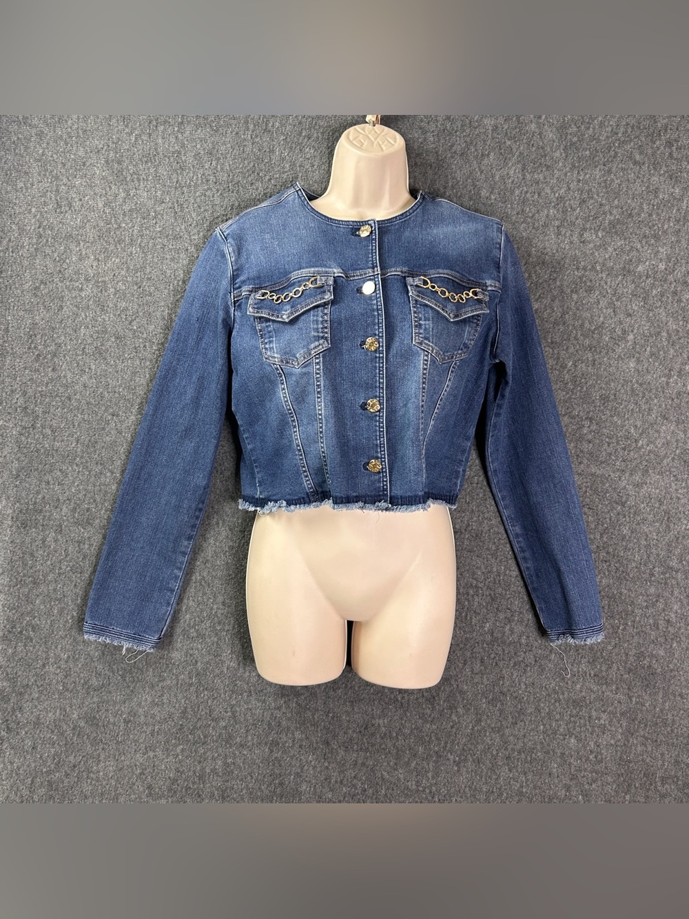 Guess Jacket Womens Medium Blue Denim Chain Cropped Frayed Hem Button Front